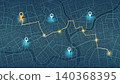 Gps navigation map with route path and location markers on dark city street background. Vector illustration. 140368395