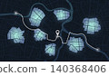 Dark city map background with glowing GPS route and navigation pin in night mode. Vector illustration. 140368406