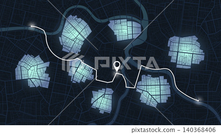 Dark city map background with glowing GPS route and navigation pin in night mode. Vector illustration. Dark city map background with glowing GPS route and navigation pin in night mode. Vector illustration. 140368406