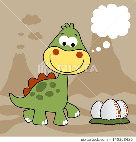 Cute dinosaur with its eggs on volcanoes background, vector cartoon illustration Cute dinosaur with its eggs on volcanoes background, vector cartoon illustration 140368426