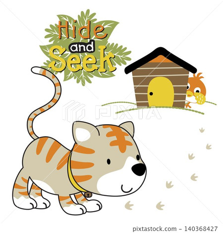Funny cat and bird playing hide and seek, vector cartoon illustration Funny cat and bird playing hide and seek, vector cartoon illustration 140368427