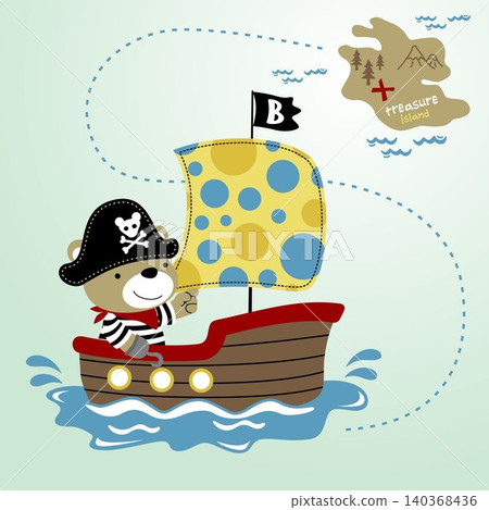 Cute bear in pirate costume on sailboat going to treasure island, vector cartoon illustration Cute bear in pirate costume on sailboat going to treasure island, vector cartoon illustration 140368436