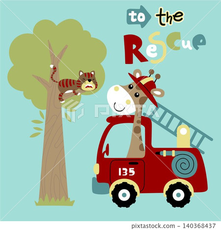 Cute giraffe on firetruck save the cat on tree, vector cartoon illustration 140368437