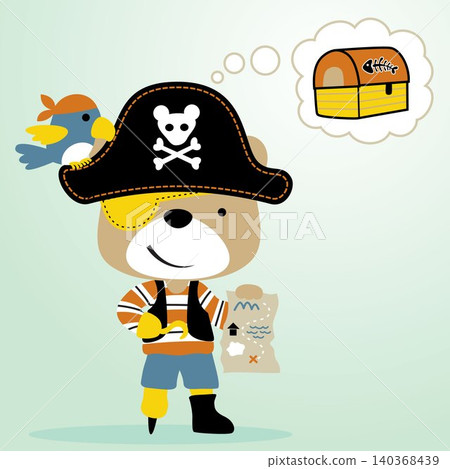 funny bear in pirate costume with cute bird, pirate element, vector cartoon illustration funny bear in pirate costume with cute bird, pirate element, vector cartoon illustration 140368439