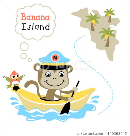 Funny monkey with little bird on banana boat go to banana island, vector cartoon illustration 140368445