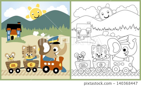 vector cartoon of cute animals on steam train on landscape background, coloring page or book vector cartoon of cute animals on steam train on landscape background, coloring page or book 140368447