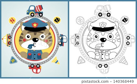 vector cartoon of cute kitten in cop costume with vehicles and road sign, traffic elements, coloring page or book vector cartoon of cute kitten in cop costume with vehicles and road sign, traffic elements, coloring page or book 140368449