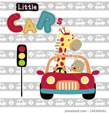 cute giraffe driving car with little bear on striped vehicles background pattern, vector cartoon illustration cute giraffe driving car with little bear on striped vehicles background pattern, vector cartoon illustration 140368481