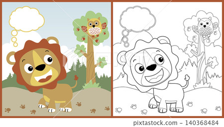 vector cartoon of cute lion with owl perching on tree in forest, coloring book or page 140368484