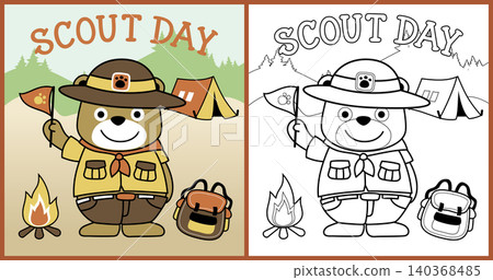 vector cartoon of cute bear in scout uniform with encampment elements, coloring book or page 140368485
