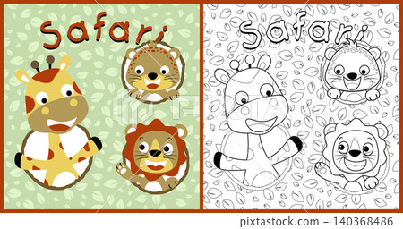 vector cartoon of cute animals on leaves background pattern, coloring book or page 140368486
