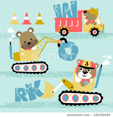 Funny animals cartoon on construction vehicles Funny animals cartoon on construction vehicles 140368489
