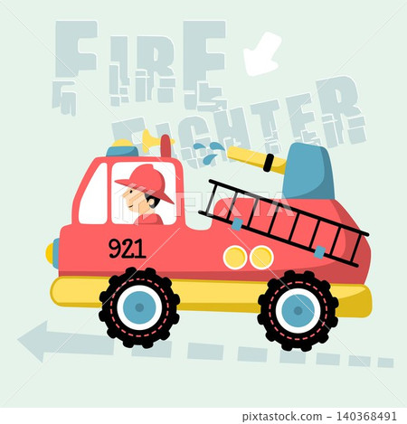 vector cartoon illustration of firetruck with fireman 140368491