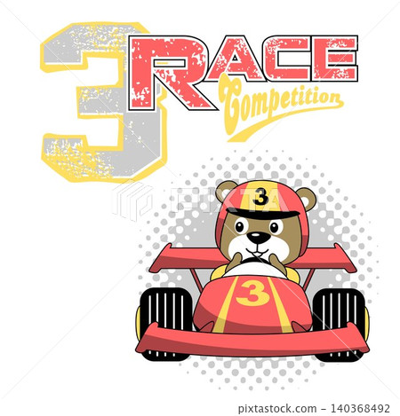 vector cartoon illustration of funny bear on racing car 140368492