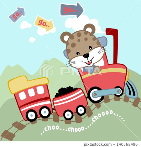 vector cartoon illustration of cute leopard on steam train on mountain background vector cartoon illustration of cute leopard on steam train on mountain background 140368496