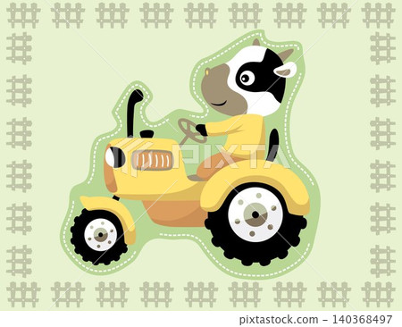 Funny cow driving tractor on fence frame border, vector cartoon illustration 140368497