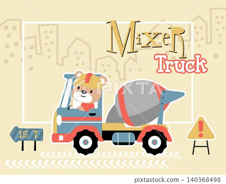 vector cartoon illustration of cute bear driving mixer truck with road sign on building background vector cartoon illustration of cute bear driving mixer truck with road sign on building background 140368498