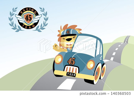 Funny lion driving racing car on racing track, vector cartoon illustration Funny lion driving racing car on racing track, vector cartoon illustration 140368503