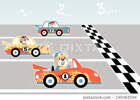 Racing car with funny animals racer, vector cartoon illustration 140368504
