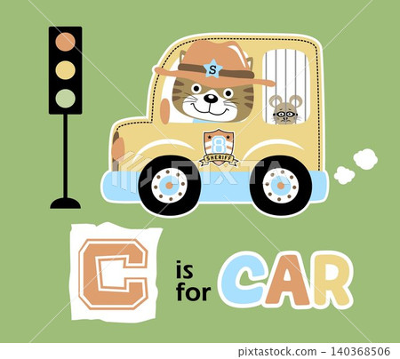vector cartoon of funny cat the sheriff, driving prisoner vehicle catch with a criminal mice vector cartoon of funny cat the sheriff, driving prisoner vehicle catch with a criminal mice 140368506
