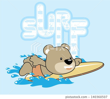 vector cartoon of cute bear surfing on typography background vector cartoon of cute bear surfing on typography background 140368507
