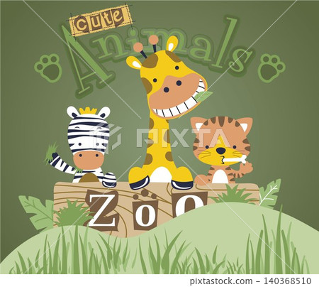 vector cartoon of cute animals in zoo text plank timber 140368510