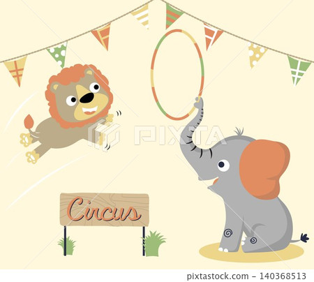 vector cartoon of cute lion with elephant in circus show 140368513