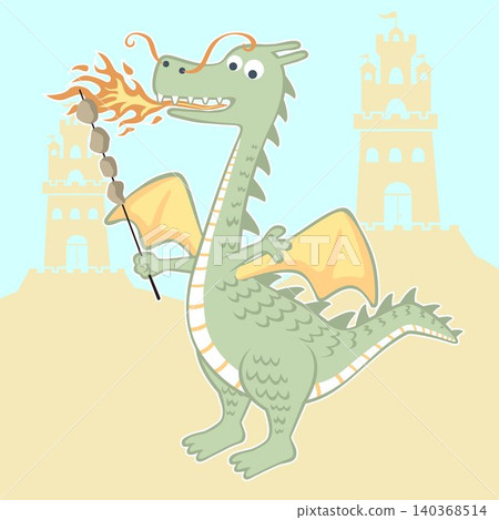 Funny dragon roasting meat with breathing fire on castle tower background, vector cartoon illustration Funny dragon roasting meat with breathing fire on castle tower background, vector cartoon illustration 140368514
