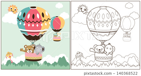 vector cartoon of hot air balloons with cute animals, coloring book or page vector cartoon of hot air balloons with cute animals, coloring book or page 140368522