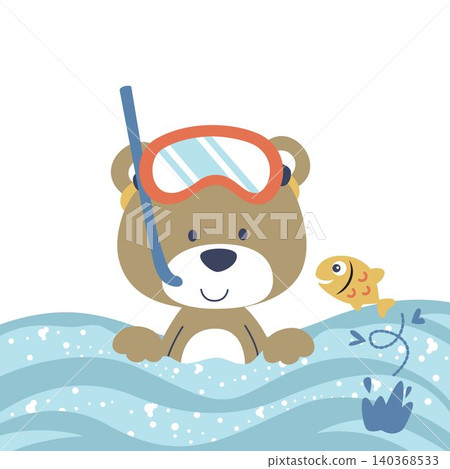 Cute bear wearing diving goggles in the sea with a fish, vector cartoon illustration Cute bear wearing diving goggles in the sea with a fish, vector cartoon illustration 140368533