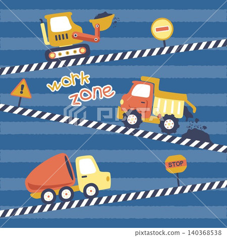 Construction vehicles with construction signs on striped background, vector cartoon illustration Construction vehicles with construction signs on striped background, vector cartoon illustration 140368538