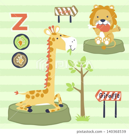 Funny giraffe eat leaves, lion eat meat, vector cartoon illustration Funny giraffe eat leaves, lion eat meat, vector cartoon illustration 140368539