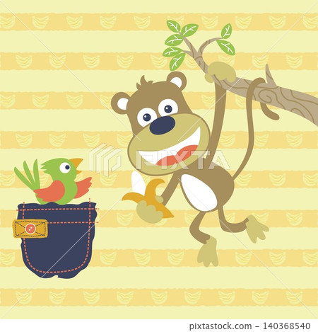 vector cartoon of cute monkey hanging in tree branches while holding banana, bird in pocket on striped banana background vector cartoon of cute monkey hanging in tree branches while holding banana, bird in pocket on striped banana background 140368540