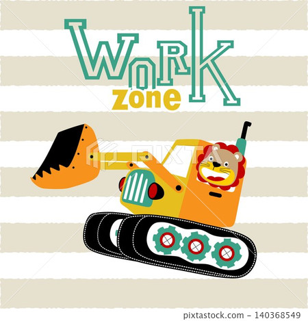 vector cartoon of cute lion driving construction vehicle on striped background vector cartoon of cute lion driving construction vehicle on striped background 140368549