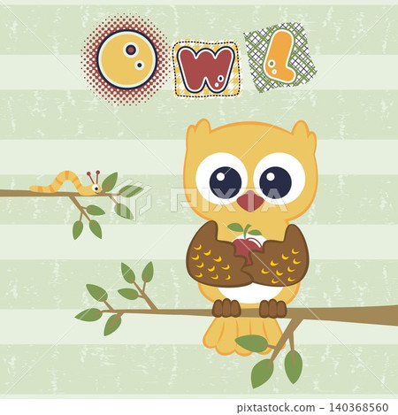 Cute owl holding fruit perching on tree branches with a caterpillar, vector cartoon illustration Cute owl holding fruit perching on tree branches with a caterpillar, vector cartoon illustration 140368560