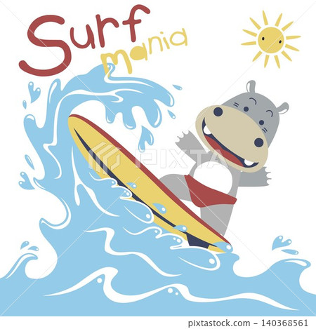 Cute hippo surfing at summer, vector cartoon illustration 140368561