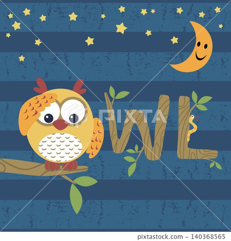 Cute owl perching on tree branches at night with smiling crescent moon, vector cartoon illustration 140368565
