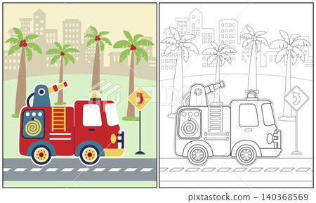 vector cartoon illustration of fire truck with palm tree on building background, coloring book or page vector cartoon illustration of fire truck with palm tree on building background, coloring book or page 140368569