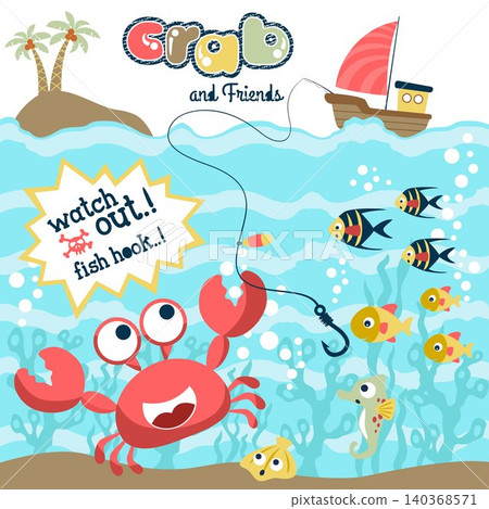 Funny marine animals undersea with sailboat, cartoon vector illustrationFunny marine animals undersea with sailboat, cartoon vector illustration 140368571