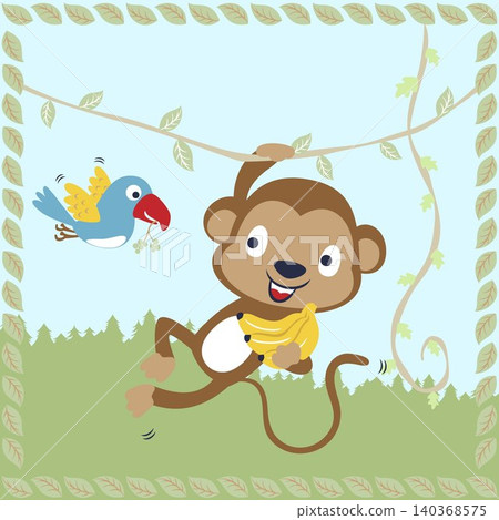 cute monkey holding banana, funny bird carrying grapes, cartoon vector cute monkey holding banana, funny bird carrying grapes, cartoon vector 140368575