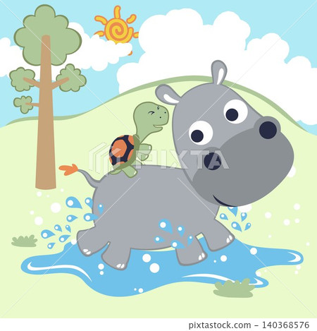 Cute turtle riding hippo in forest, vector cartoon illustration Cute turtle riding hippo in forest, vector cartoon illustration 140368576