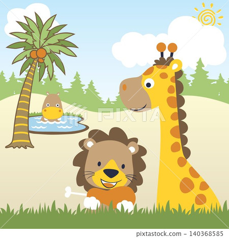 funny animals in forest on blue sky background, vector cartoon illustration funny animals in forest on blue sky background, vector cartoon illustration 140368585