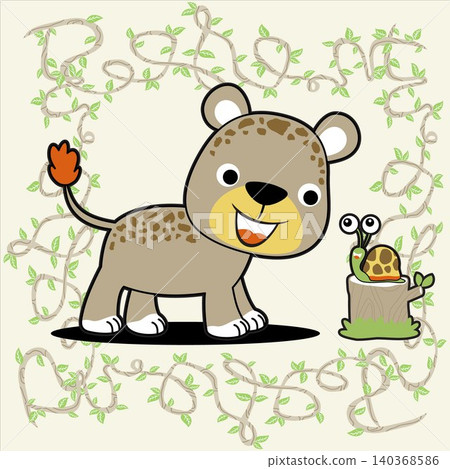 Cute leopard with little snail on tree stump in vines frame border, vector cartoon illustration 140368586
