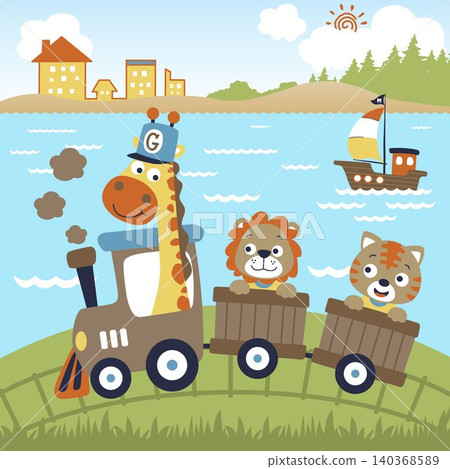 funny animals vacation with steam train on sea coast background, vector cartoon illustration funny animals vacation with steam train on sea coast background, vector cartoon illustration 140368589