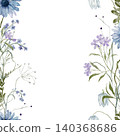 Square Banner watercolor illustration with violet and light blue wildflower botanical. Rectangular Frame with illustration forget-me-nots, daisy, chamomile, herbs on isolated background. 140368686