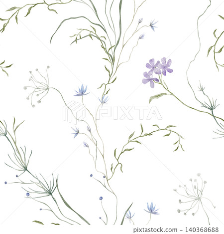 Romantic floral seamless pattern. Hand drawn watecolor illustration flowers - cornflower, phlox. Repeat ornament delicate blue and violet wildflowers and herbs Romantic floral seamless pattern. Hand drawn watecolor illustration flowers - cornflower, phlox. Repeat ornament delicate blue and violet wildflowers and herbs 140368688
