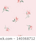 Watercolor set of pink flowers spots with small splashes and green leaves. Hand drawn illustration buds on isolated white background. Soft pastel iridescent watercolors. 140368712