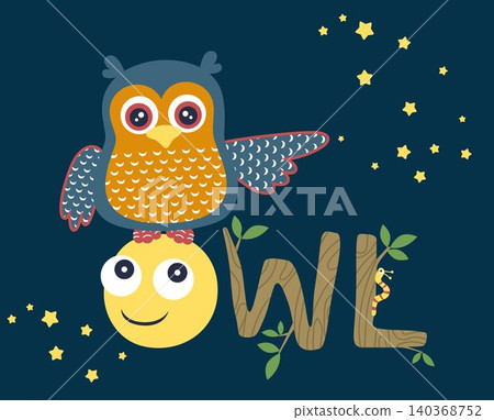 Funny owl cartoon perch on smiling moon at night, caterpillar creep on wooden alphabet Funny owl cartoon perch on smiling moon at night, caterpillar creep on wooden alphabet 140368752