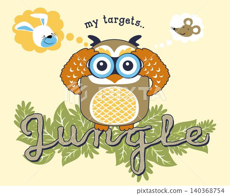 Funny owl holding binocular hunting bunny and mouse, vector cartoon illustration Funny owl holding binocular hunting bunny and mouse, vector cartoon illustration 140368754