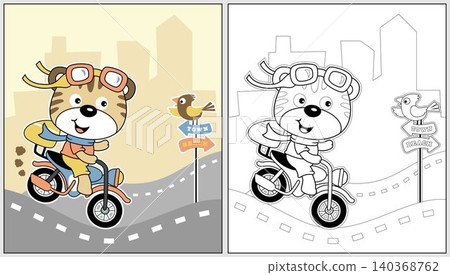 cartoon vector of funny cat riding motorcycle with a little bird on road sign, coloring book or page cartoon vector of funny cat riding motorcycle with a little bird on road sign, coloring book or page 140368762